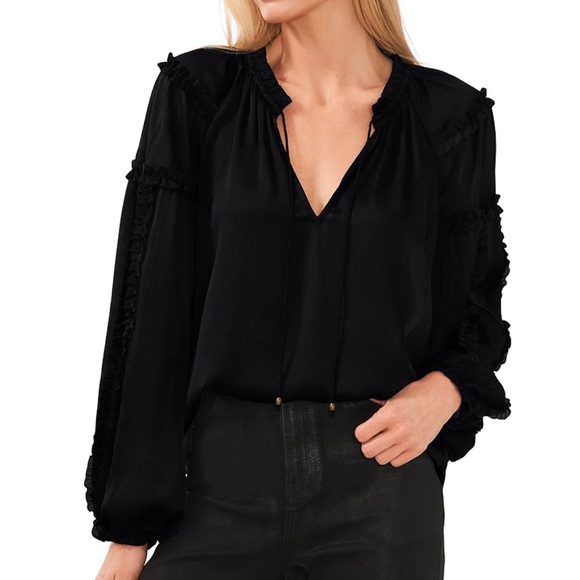 Chelsea and Violet Plisse Ruffle Split V-Neck Long Balloon Sleeve Blouse - Picture 2 of 5